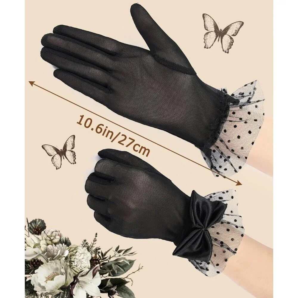 Women's Bow Lace Short Gloves Black Princess Wedding Evening Party Accessories